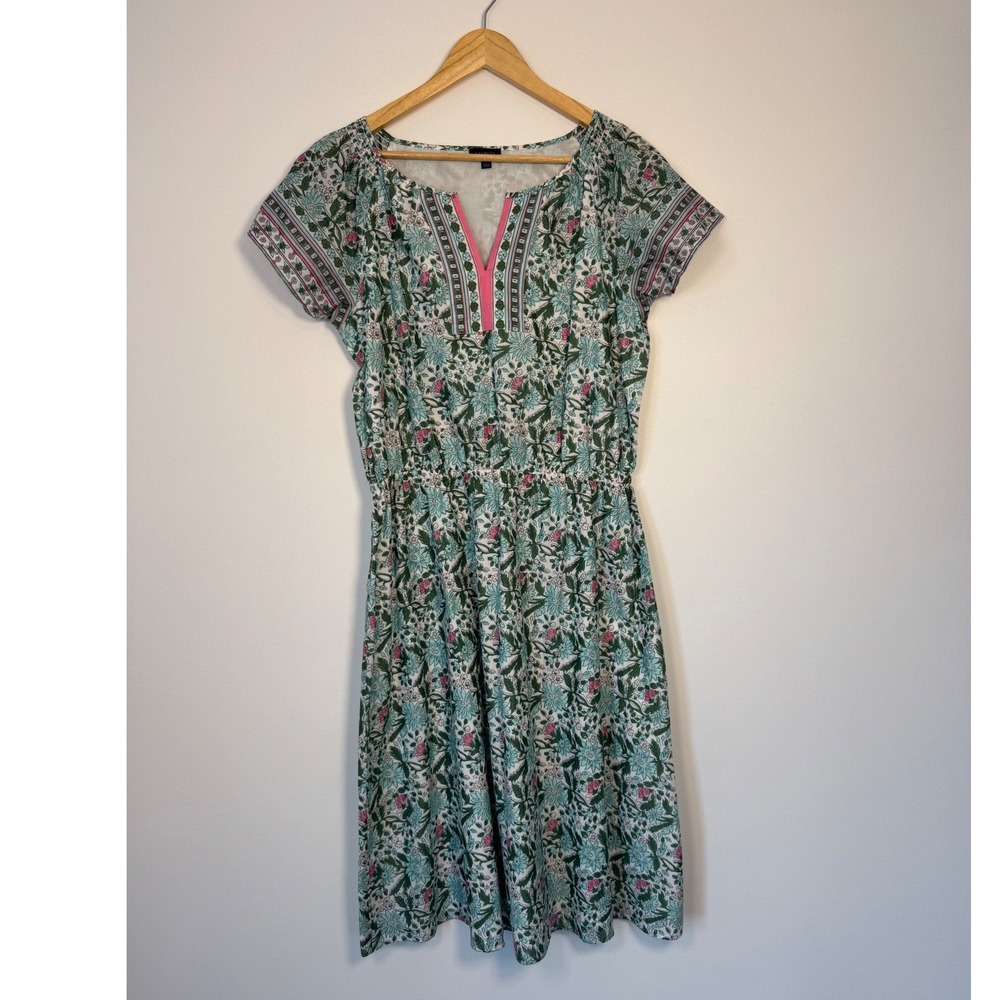 Coastal Grandma Talbots Floral 100% Cotton Midi‎ Dress Womens 8 Green Teal Pink